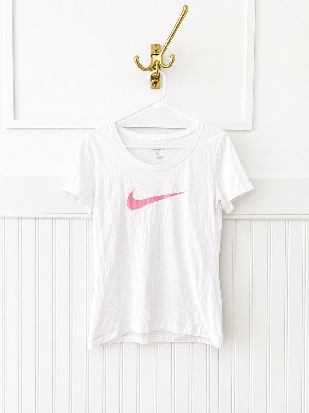 Nike White Short Sleeve Tee with Pink Swoosh